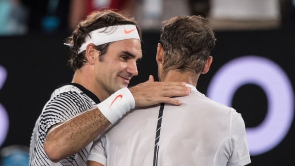 Roger Federer greets his rival Nadal after the final.